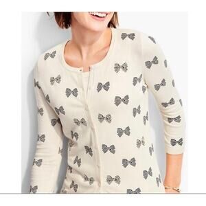 NWT Talbots Button Front Cardigan Beaded Bows Cream/Black Sz Medium